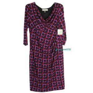Kasper Sheath Dress Size 10 Cowel Neck 3/4 Sleeve Black Purple Print New NWT